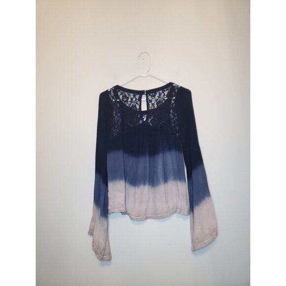 Patrons Of Peace Womens S Top Semi Sheer Lace Blue Ombre Long Bell Sleeve Rayon - Picture 2 of 6